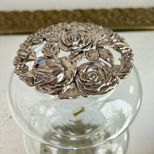 Vintage Glass Potpourri Jar Pewter Filigree Floral Rose Lid Vanity Jewelry Dish